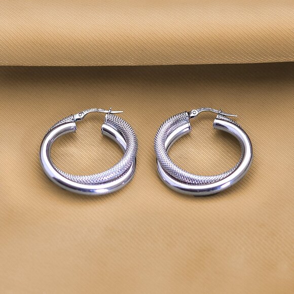Textured 925 Silver Hoops, Double Style, Unique Stylish Earrings, Everyday Hoops - Picture 2 of 7